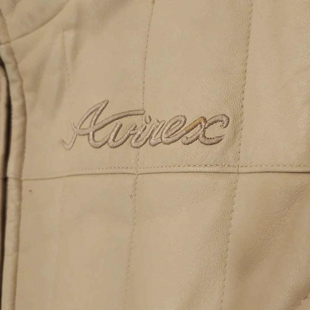 Avirex Leather Long Coat Quilted Beige High Neck Vintage 90s Minimal Jacket - Picture 4 of 13